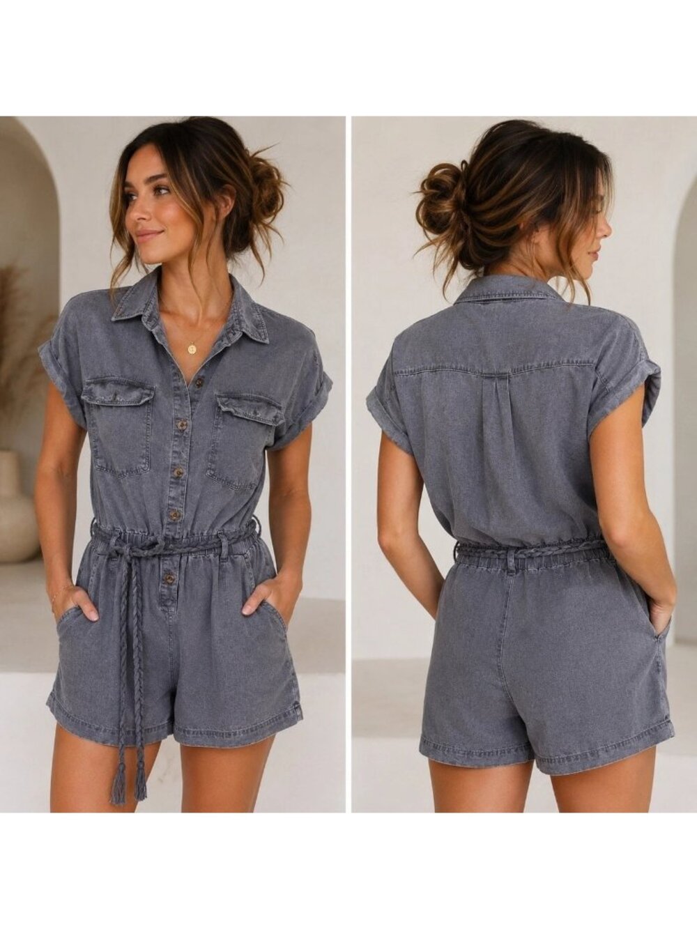 Nicole Miller Blue Gray Short-Sleeve Romper Braided Belt pockets linen medium